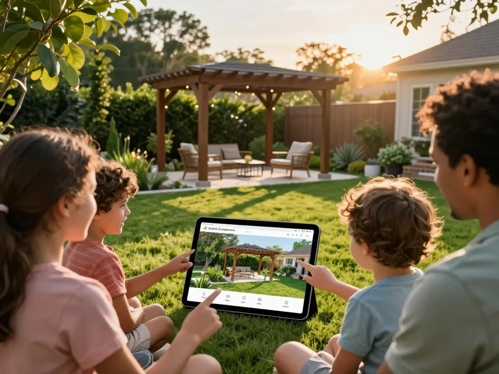 Family using Pergola Configurator Software outdoors to visualize their dream pergola in a vibrant garden scene.