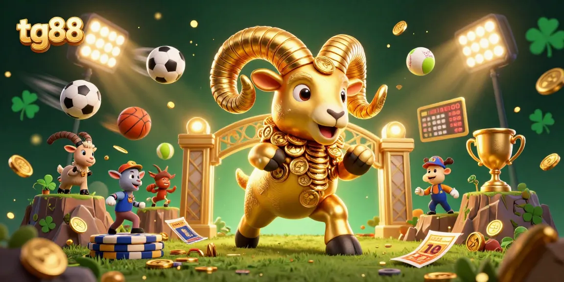 Experience exciting games at tg88 with a golden ram charging towards jackpots in this vibrant casino scene.