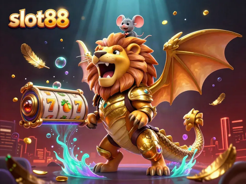 Engage with thrilling slot88 gameplay featuring a golden chimera and vibrant gambling symbols.
