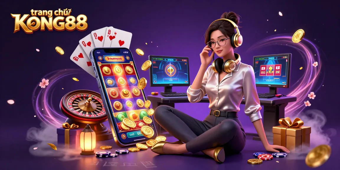Engaging scene of trang chủ KONG88 featuring energetic gaming setup with slot games and casino elements.
