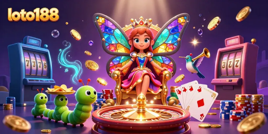 Win big with loto188 as a butterfly queen presides over a vibrant casino scene.