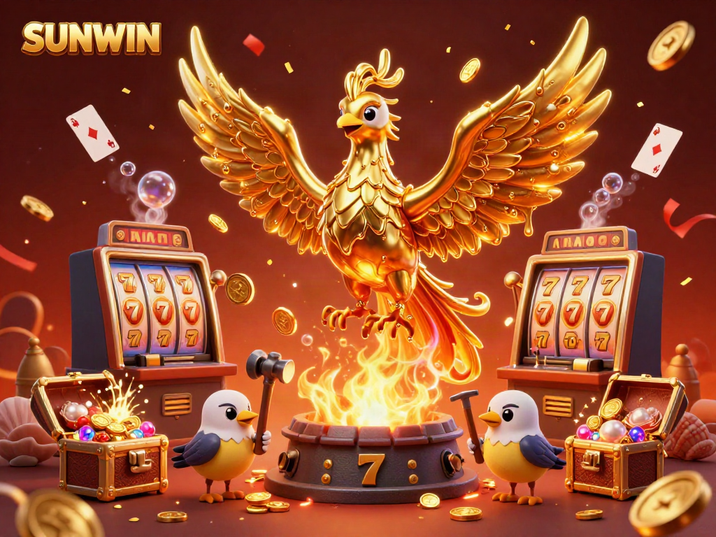 SUNWIN showcases a golden phoenix and sparrow assistants in a vibrant casino scene with slot machines and coins.