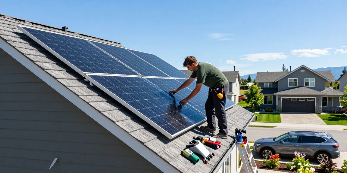 Solar installer West Kelowna BC mounting solar panels in a residential setting during bright daylight.