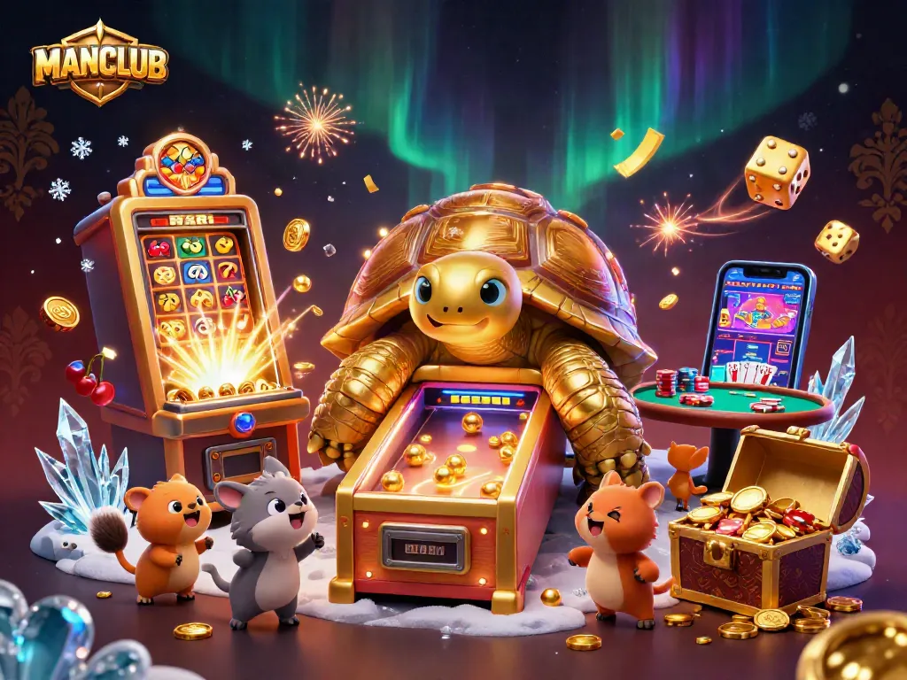 MANCLUB theme showcasing an exciting 3D casino scene with jackpots, slot machines, and vibrant characters.