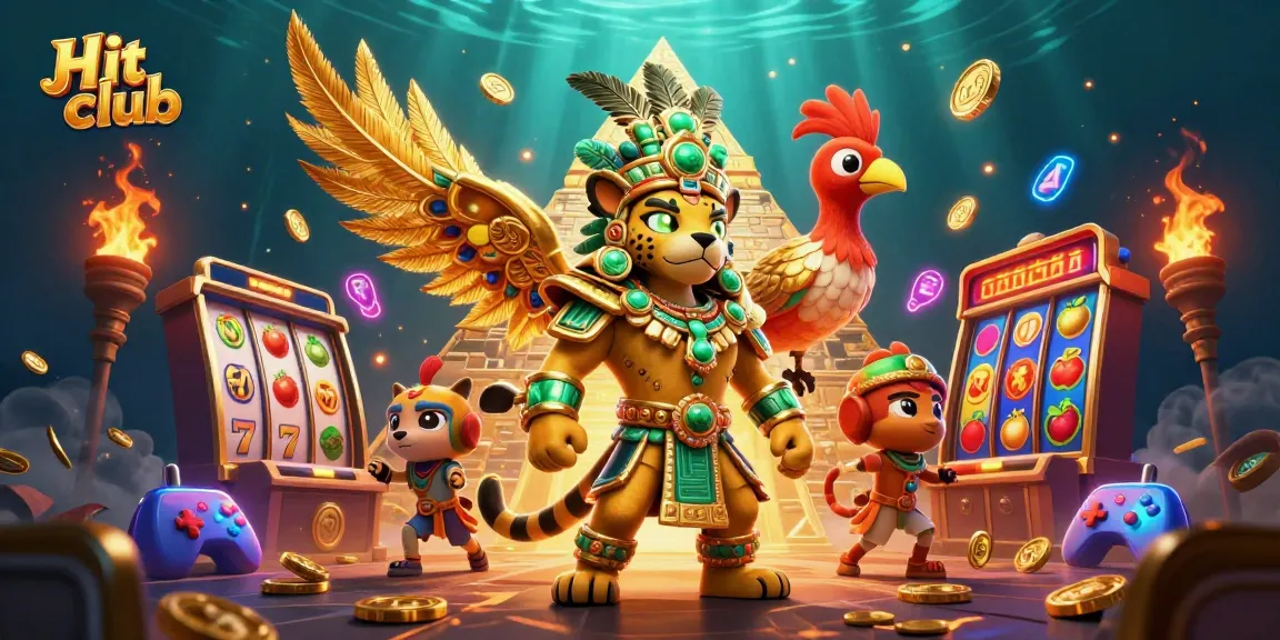 Hit club slot gaming scene with a Mayan jaguar and colorful casino elements.