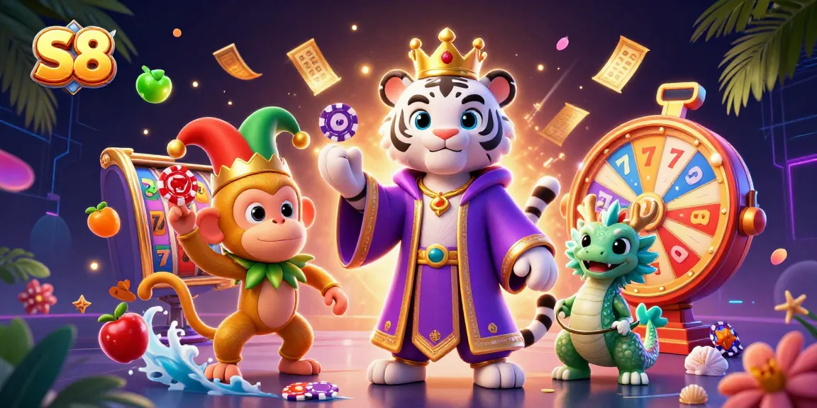Engage with S8's vibrant casino illustration showcasing a royal tiger, jester monkey, and jade dragon amid thrilling game elements.