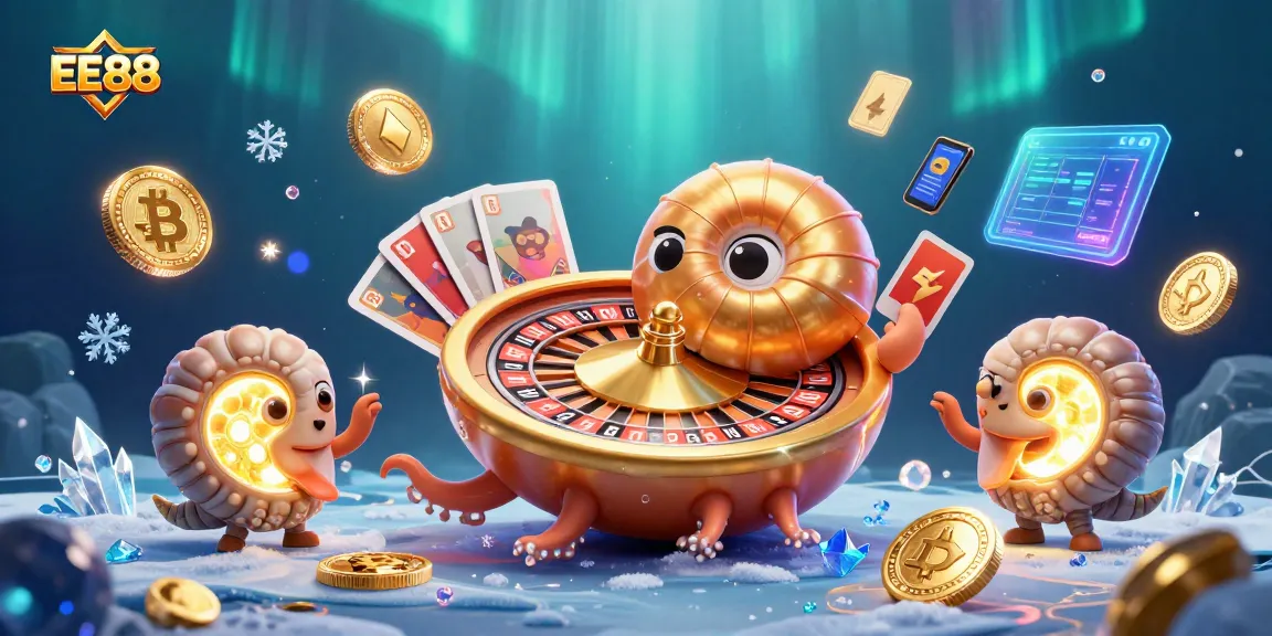 Experience the thrill of EE88 with a dazzling illustration featuring a giant nautilus roulette wheel and vibrant crypto coins.