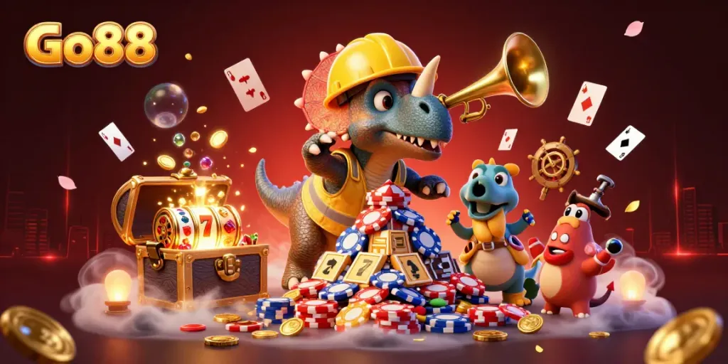Go88 game promotional illustration with triceratops and celebration elements in a vibrant casino context.