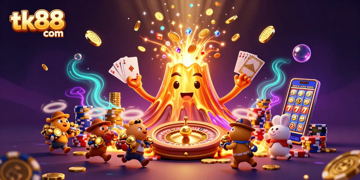 Spin to win at tk88 com with this vibrant 3D casino scene filled with treasures and gaming excitement.