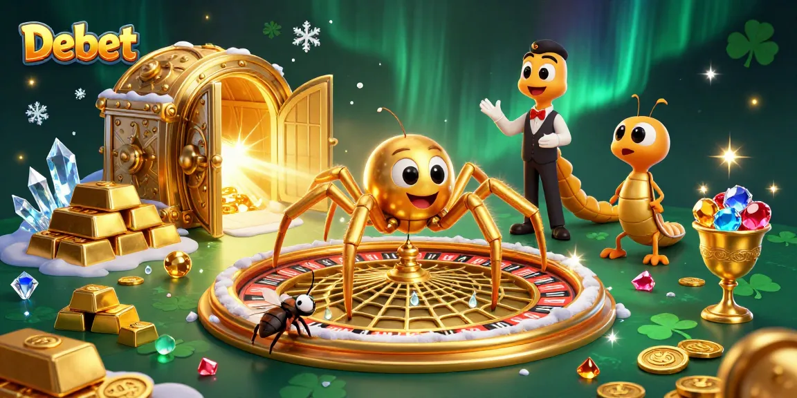 Place bets at Debet while a golden spider spins a roulette wheel web under an aurora backdrop.