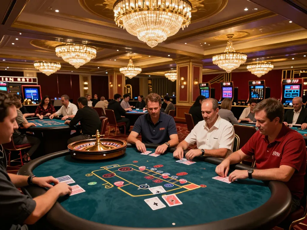 Players enjoying a thrilling game night at 88vin casino, with poker tables and roulette wheels in action.