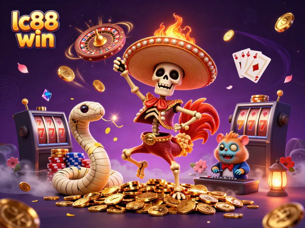 Experience the excitement of lc88 win with a vibrant 3D casino scene showcasing characters celebrating on a pile of golden coins.
