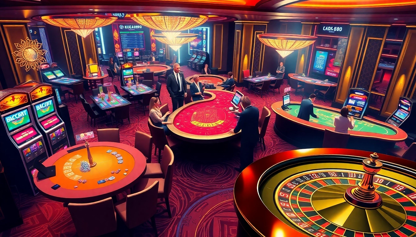 A luxurious gaming experience at https://cm88bet.us/casino-cm88/ with Baccarat, Poker, and Roulette tables filled with excited players.