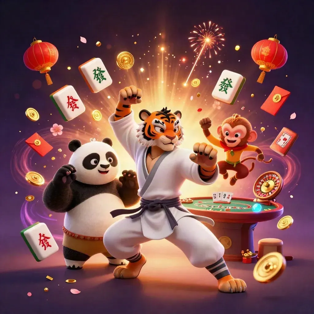 Kung-fu tiger, panda, and monkey amid casino symbols, lanterns, coins, and glowing firelight.