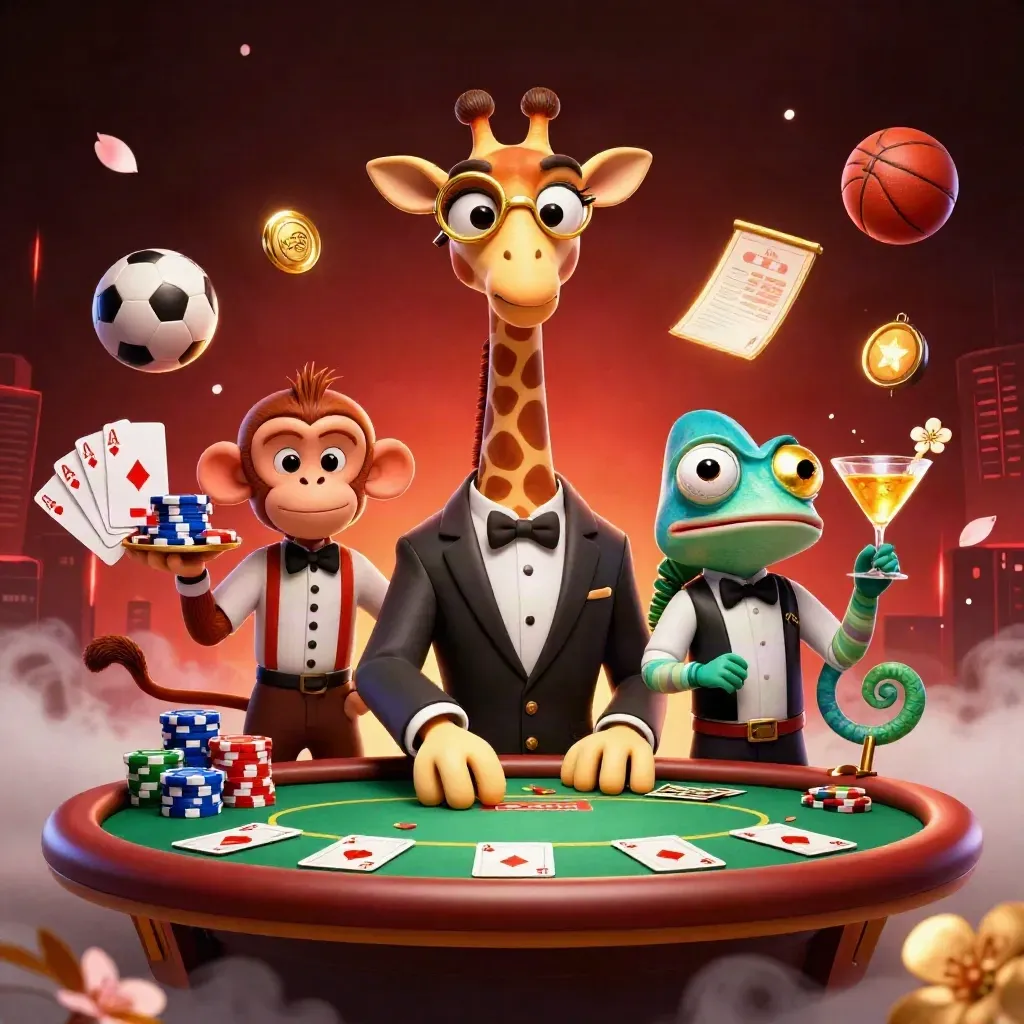 Giraffe, monkey, and chameleon at a glowing poker table with chips, cards, and casino lights.