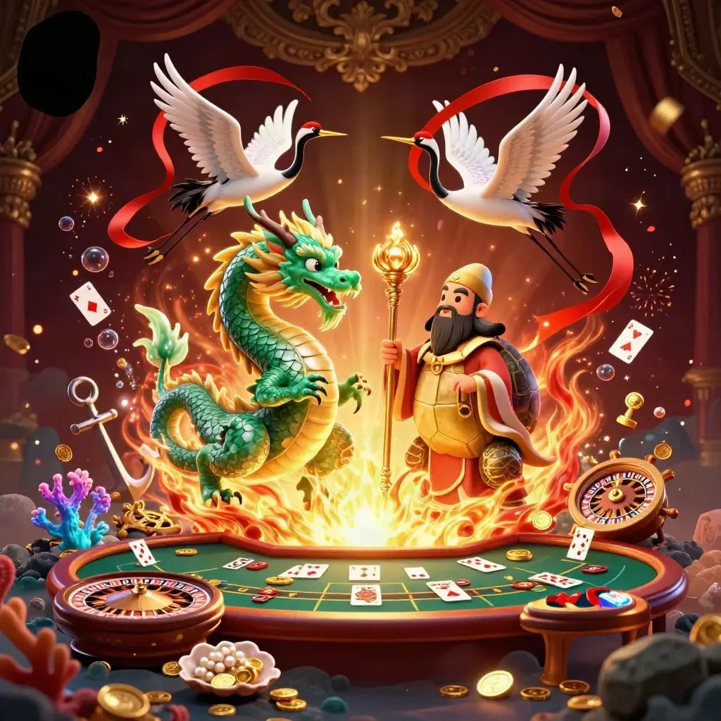 Jade dragon, turtle sage, and cranes amid treasure, casino elements, and glowing gold energy