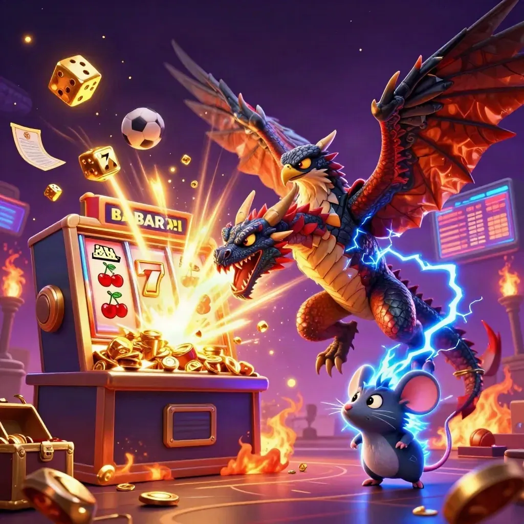 Thunder dragon, wind hawk and mouse explode amid slot-machine gold and neon casino lights.