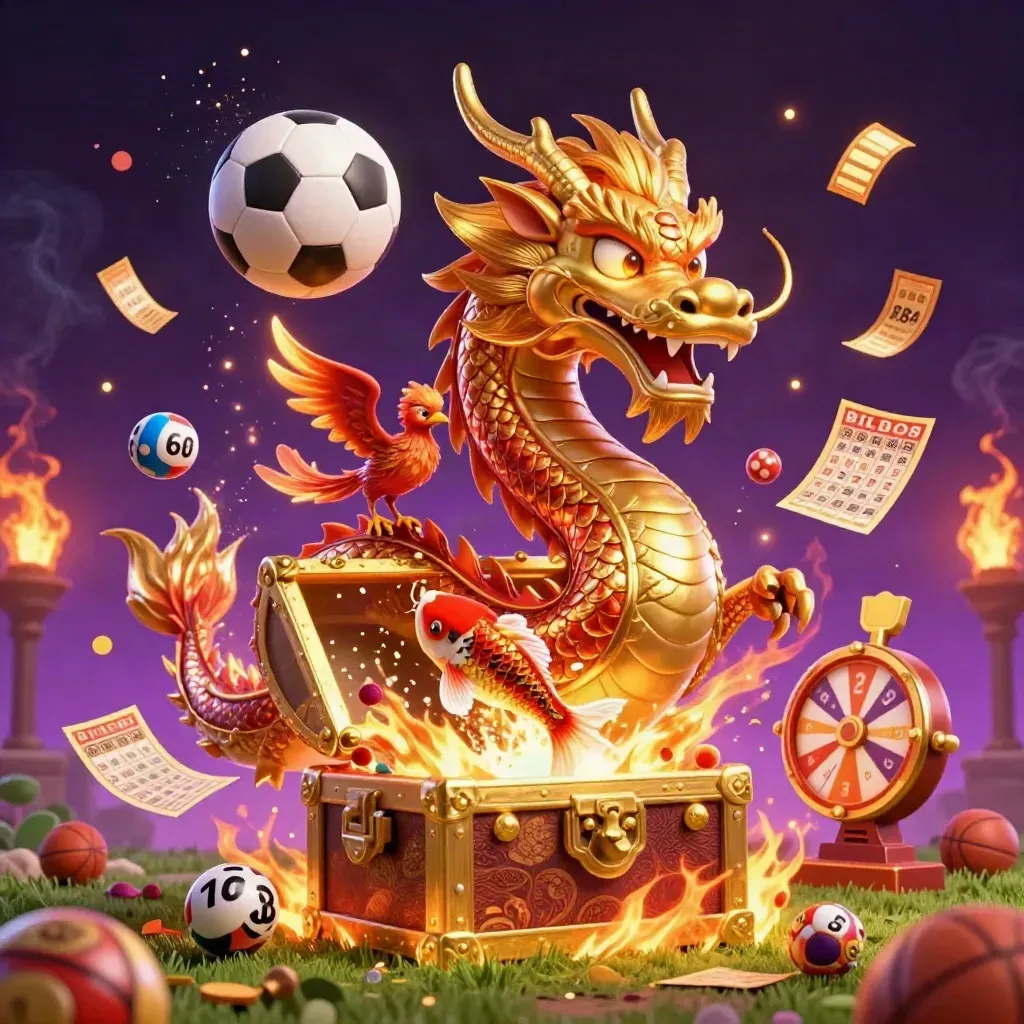 Dragon, phoenix, koi, and casino items burst around a soccer ball in a neon fantasy scene.