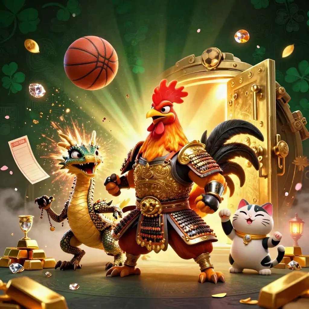 Rooster samurai, dragon hatchling, and fortune cat amid gold vault, balls, sparks, and casino glow.