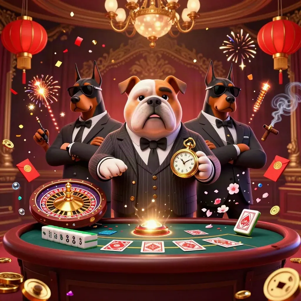 Bulldog boss with Doberman guards amid lanterns, jade coins, roulette glow, and casino confetti.