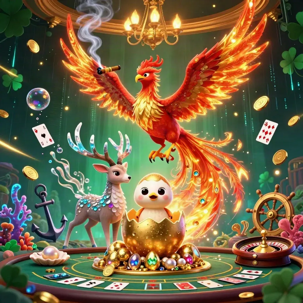 Fire phoenix, hatching baby phoenix, and crystal stag in a neon treasure-cove casino scene
