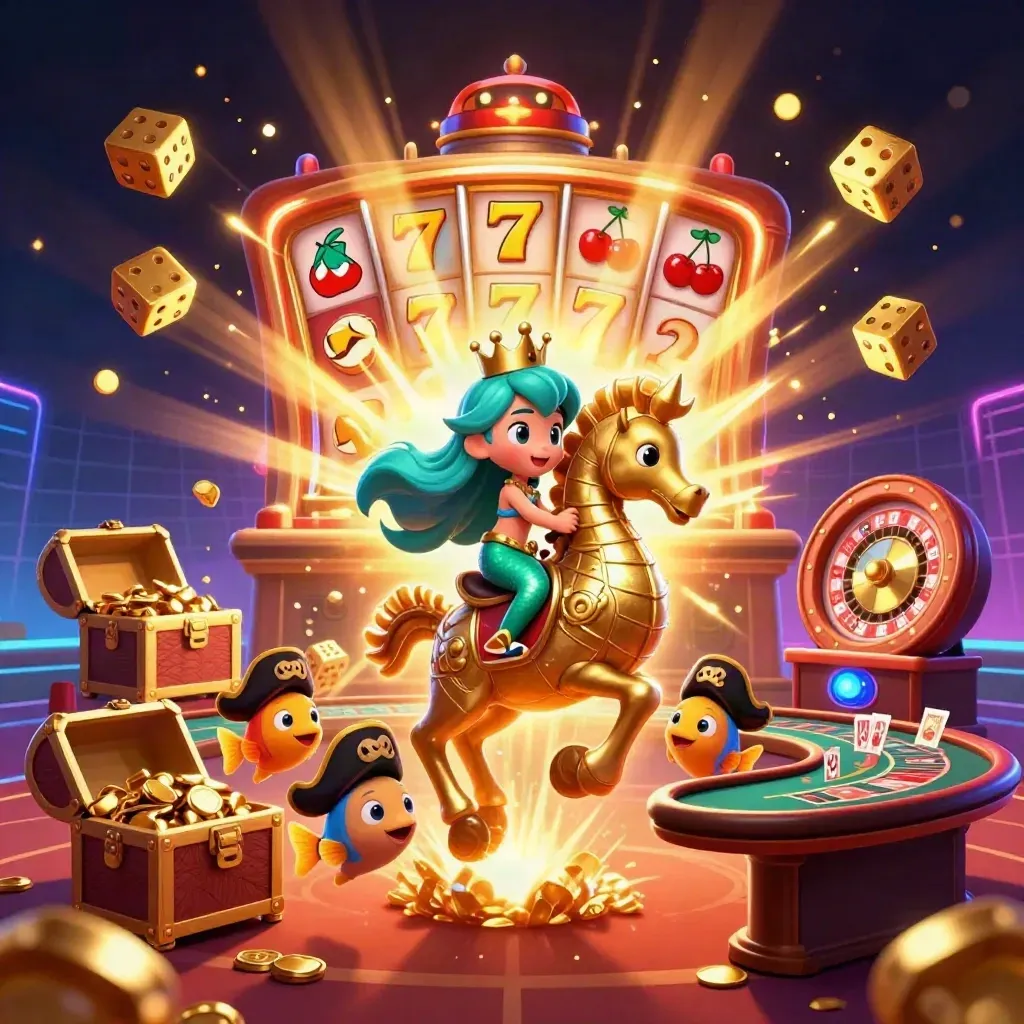 Mermaid princess on seahorse amid slot machine, pirate fish, gold, and neon casino lights.