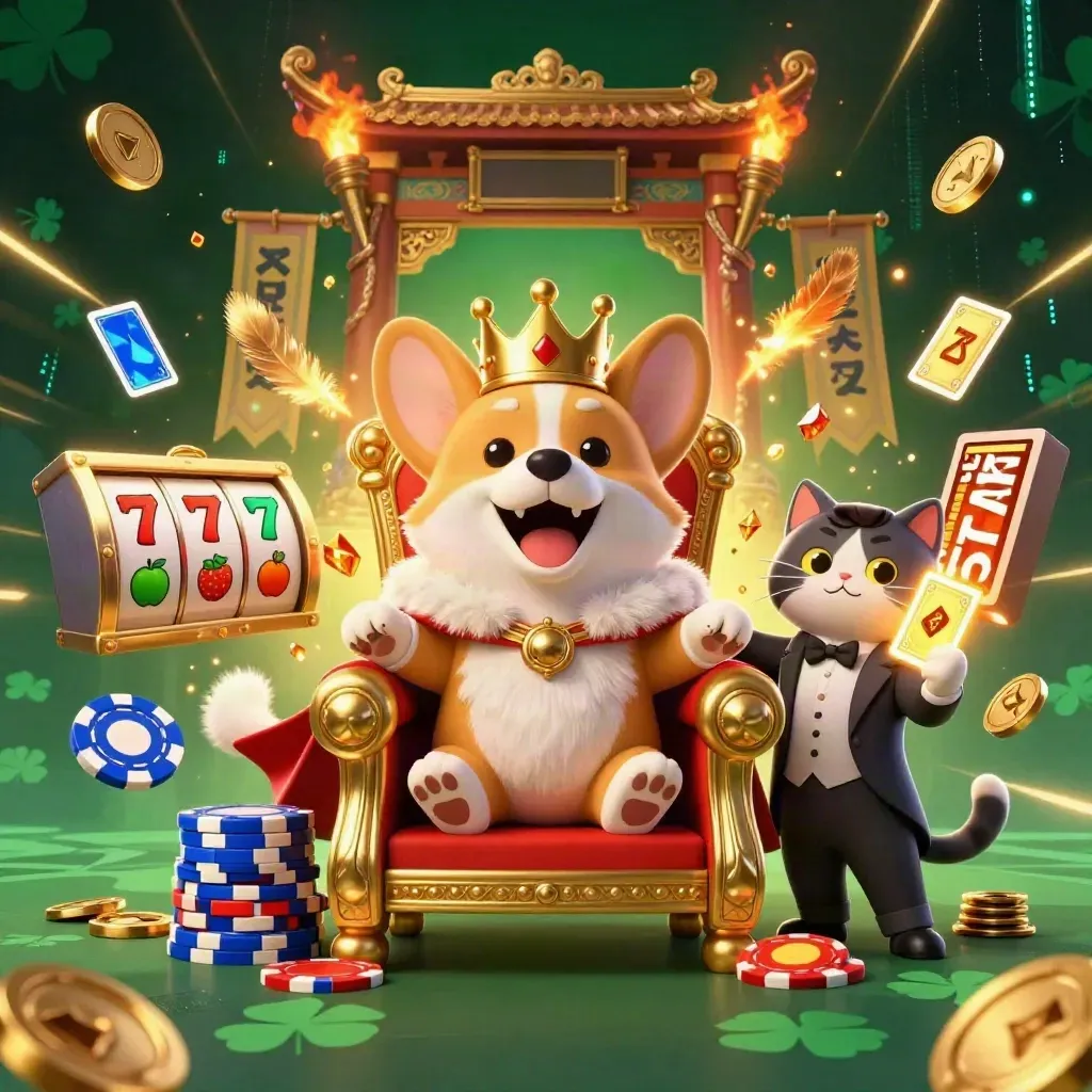 Royal corgi king and cat butler in a neon casino fantasy with gold bursts and magic effects