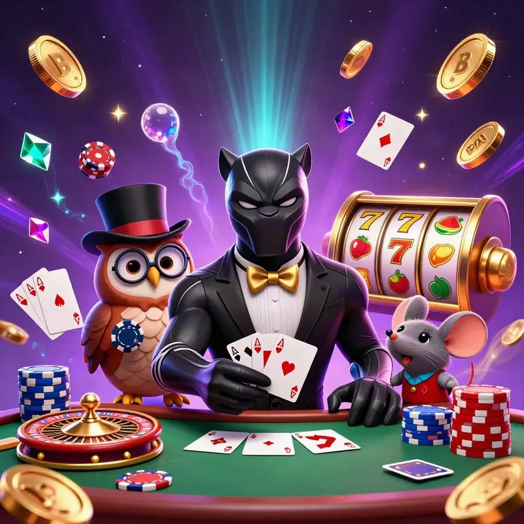 Panther, owl, and mouse deal cards amid coins, gems, roulette, chips, and neon casino magic.