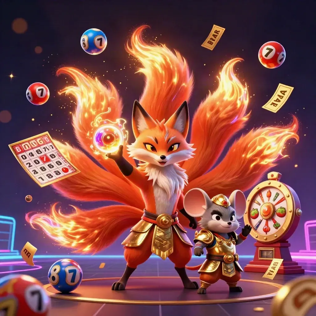 Nine-tailed fox spirit and armored mouse amid casino tokens, wheels, tickets, and glowing gold sparks.
