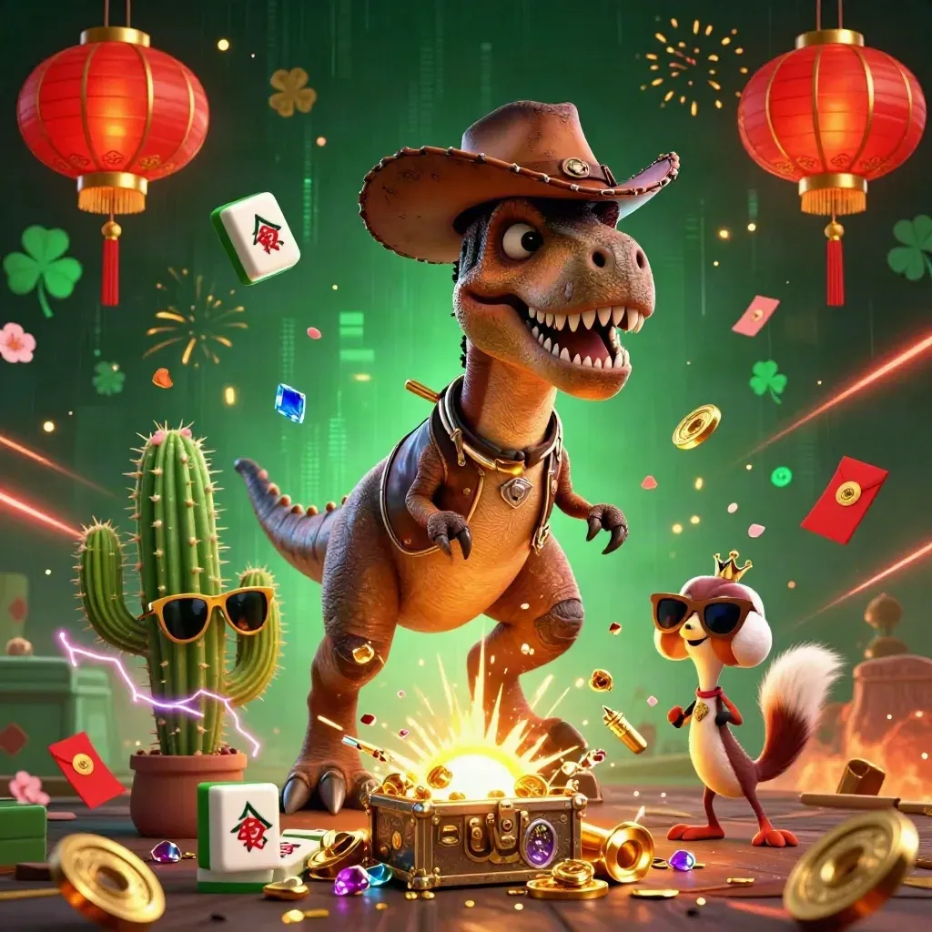 Cowboy T-Rex, cactus sidekick and roadrunner burst through gold in a neon vault splash screen.