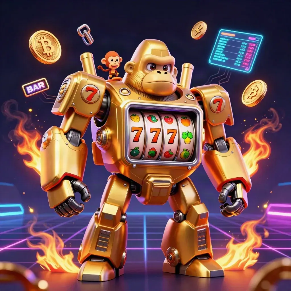 Golden gorilla mech with monkey pilot, coins, lightning, and neon casino energy on a dark grid.
