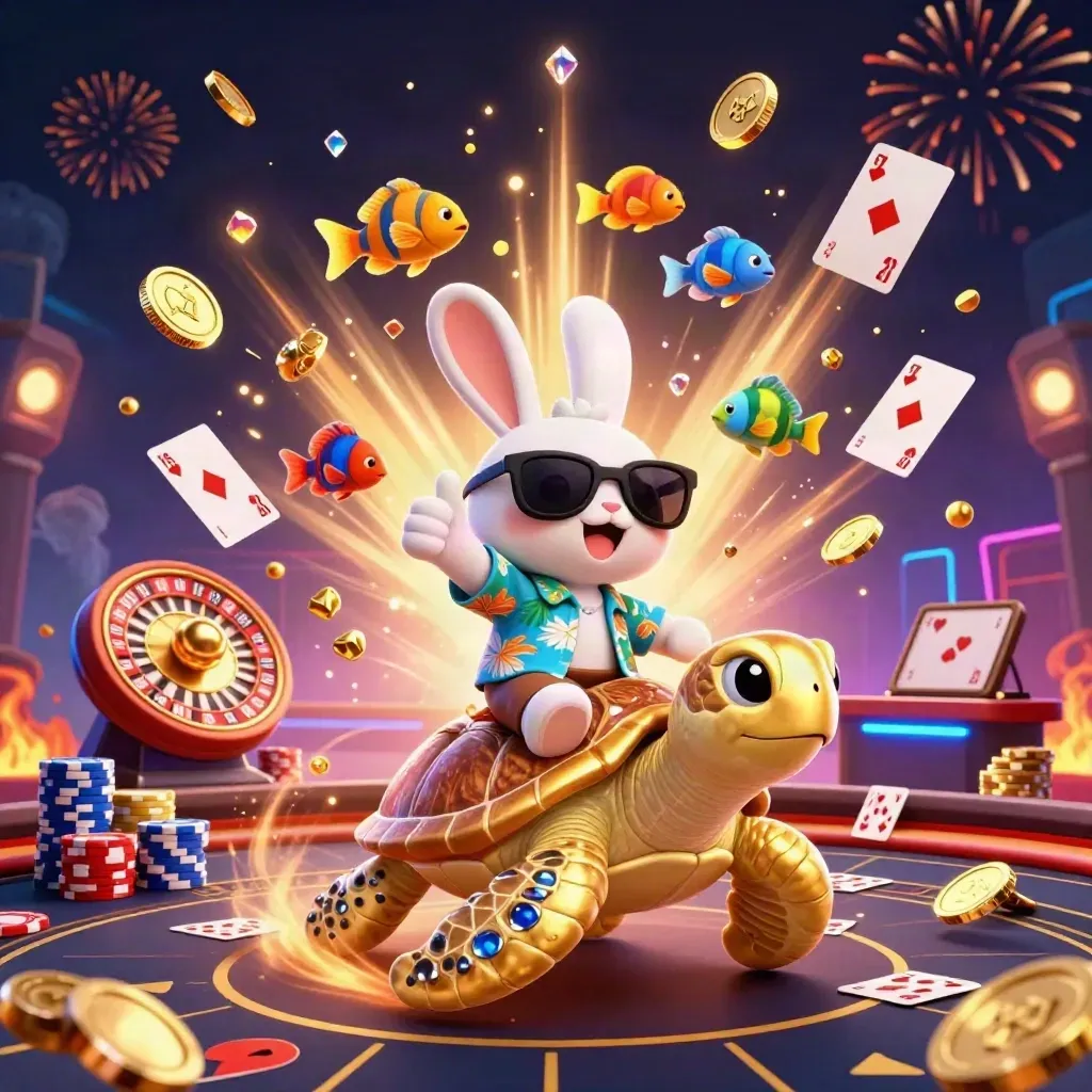 Cartoon rabbit on a gold sea turtle amid coins, chips, cards, roulette, and fireworks.
