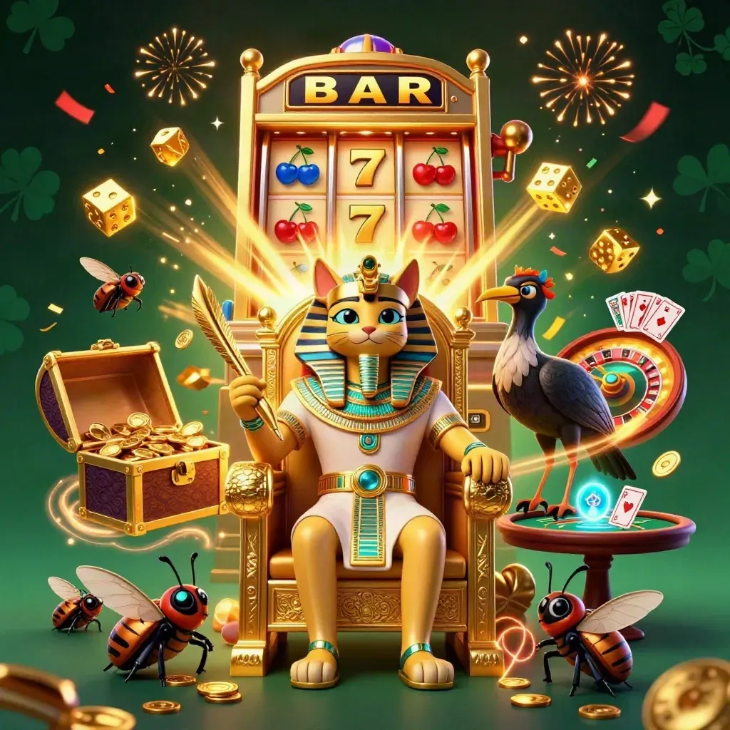 Pharaoh cat, ibis scribe, and gem-wing scarabs amid jackpot burst, coins, dice, and fireworks