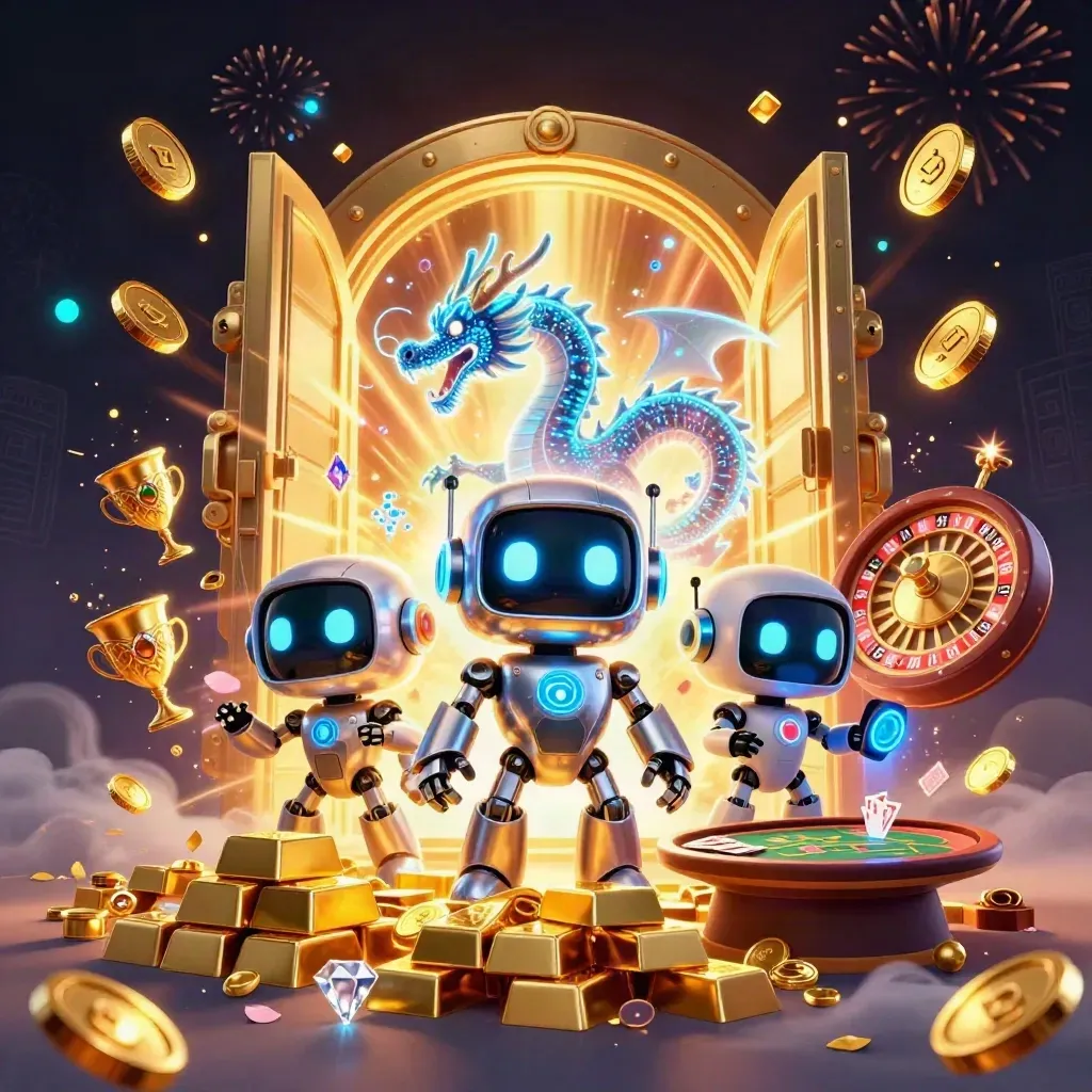 Robot, dragon, drone, vault burst, gold coins, roulette wheel, cards, fireworks