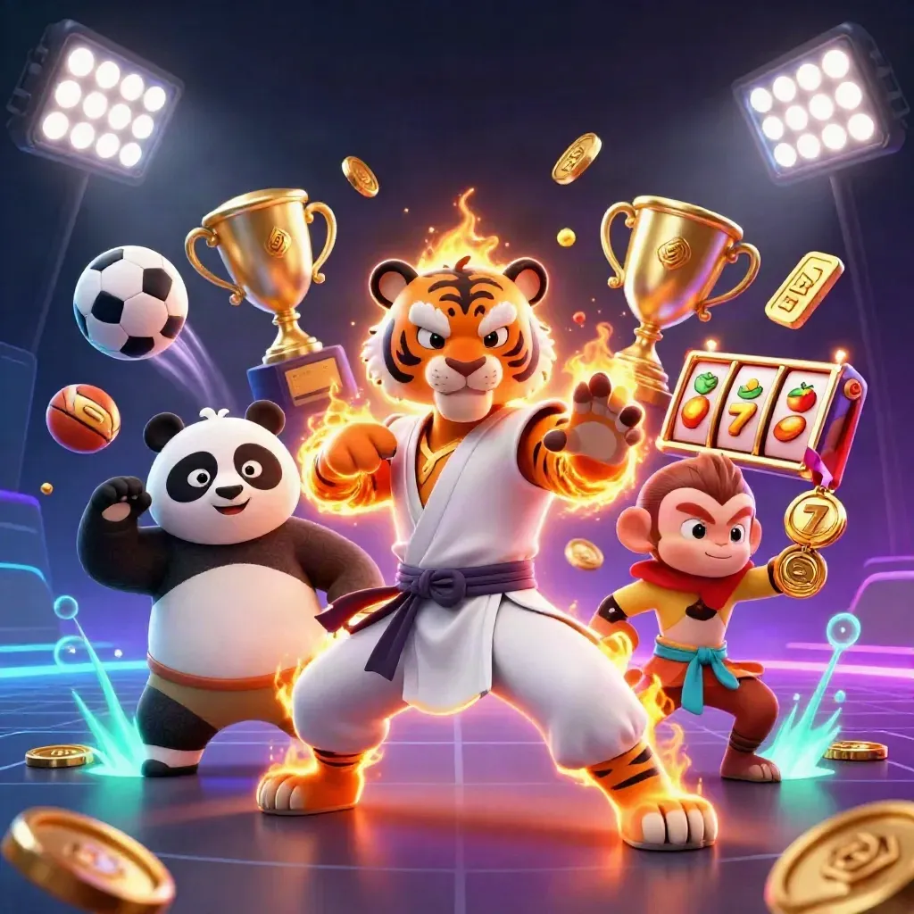 Tiger kung-fu master, panda disciple, and monkey student amid neon casino symbols and glowing effects.