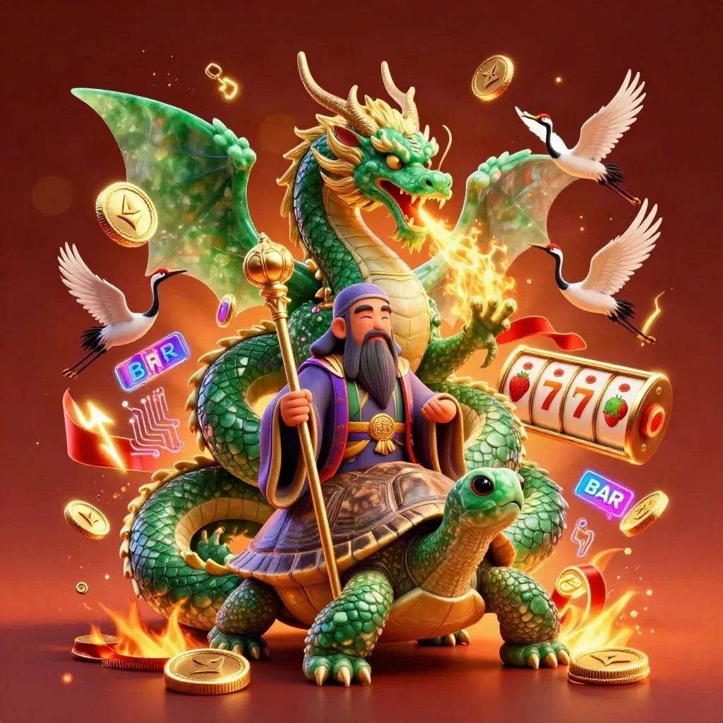 Emerald dragon, turtle sage, and cranes amid casino reels, coins, lightning, and golden fire