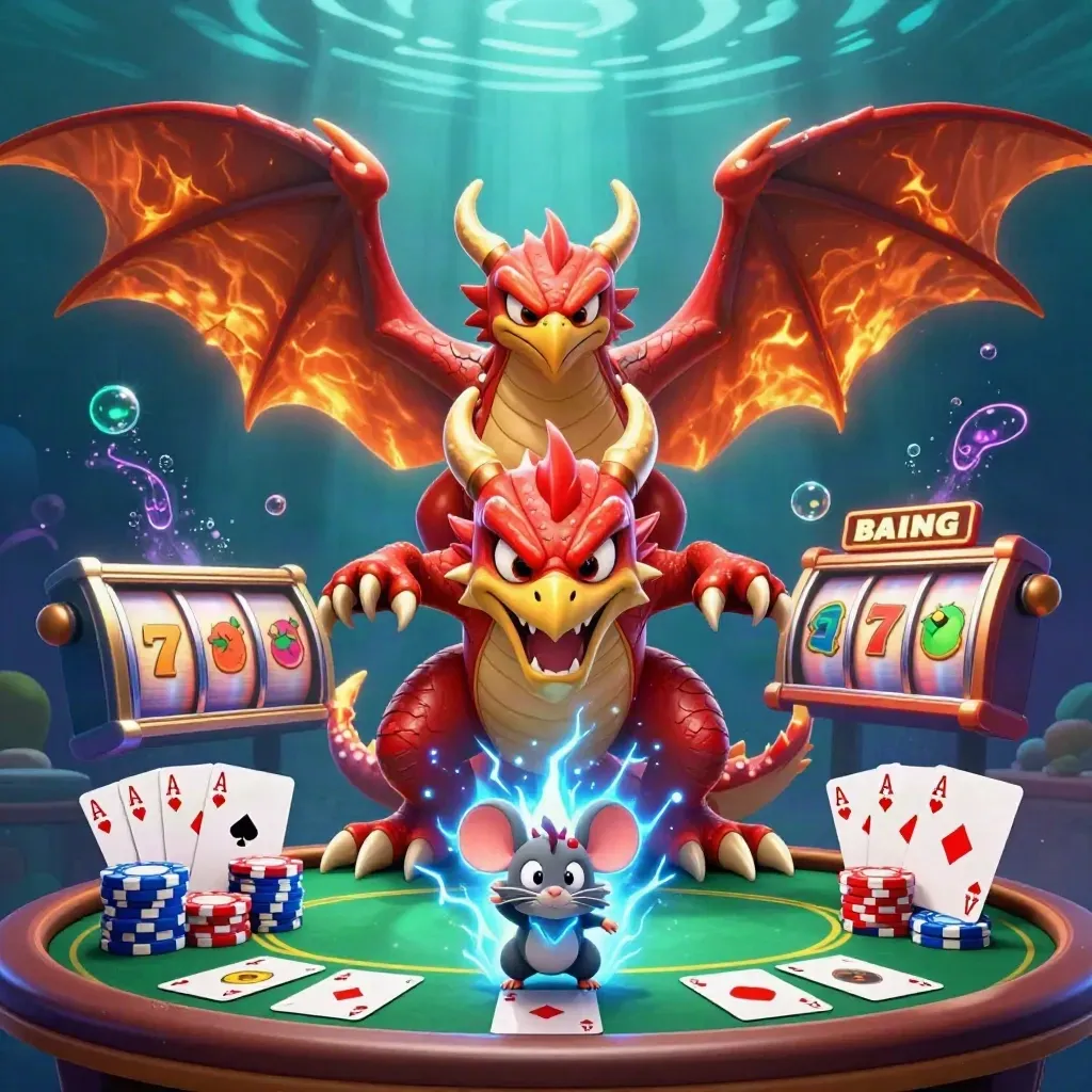 Dragon, hawk, and thunder-mouse amid casino chips, cards, reels, and underwater neon glow.