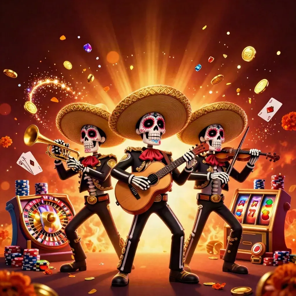 Day-of-the-Dead skeleton mariachi trio amid coins, chips, reels, cards and fiery casino glow.