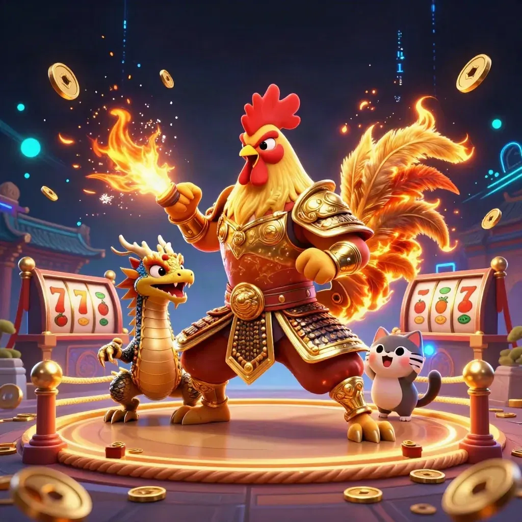 Rooster warrior, dragon hatchling, and fortune cat in a neon casino battle scene.