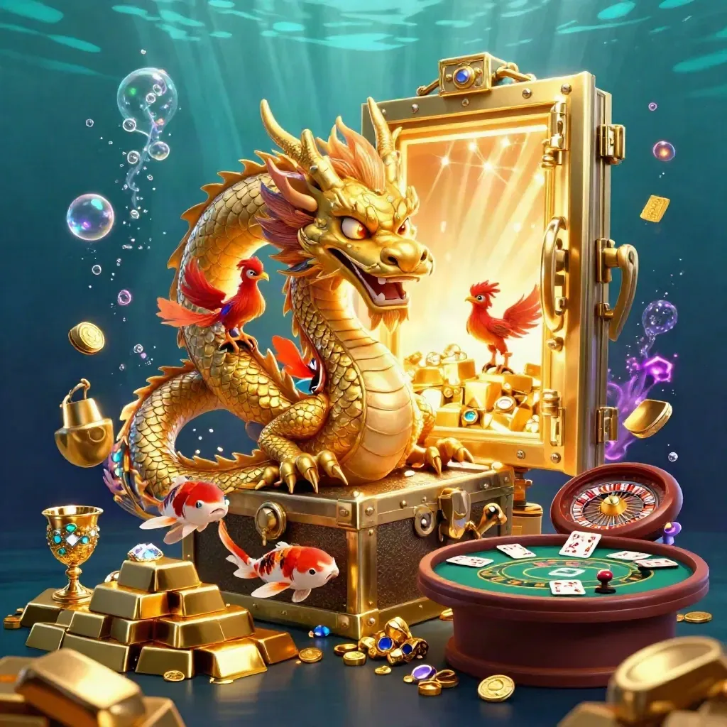 Golden dragon, phoenix, koi, vault door, and casino treasures glowing underwater.