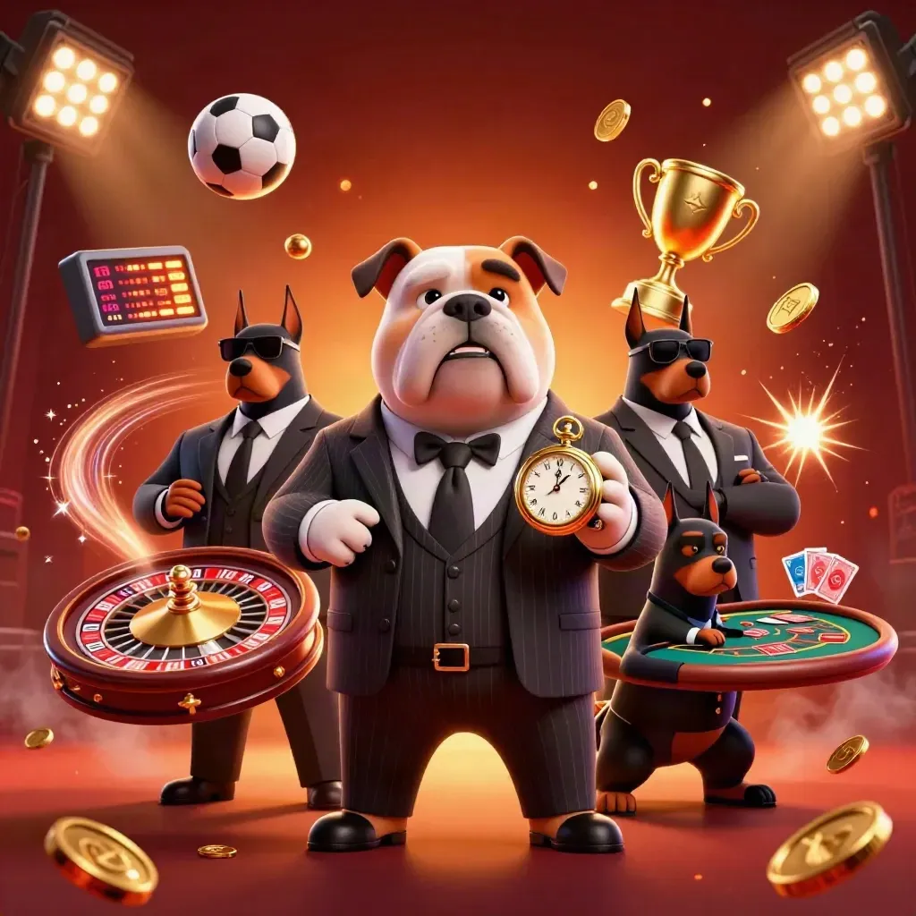 Cartoon bulldog boss with Dobermans amid casino lights, coins, balls, roulette and cards.