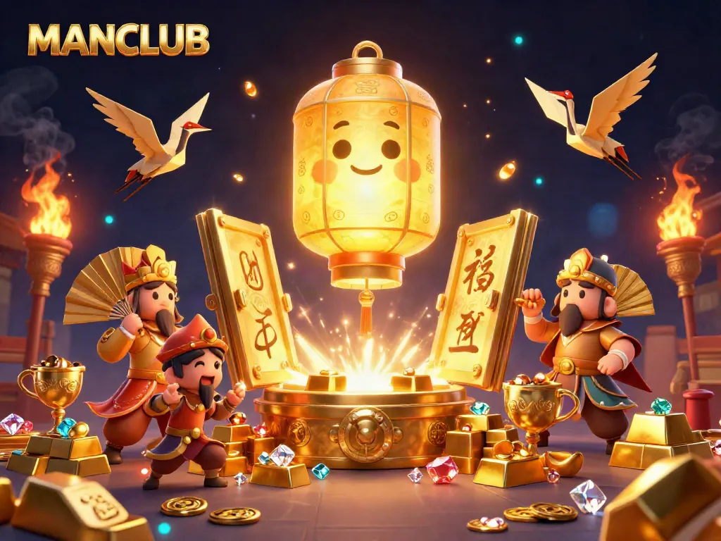 MANCLUB's enchanting casino scene featuring a lantern spirit, gold treasures, and dynamic gaming elements.