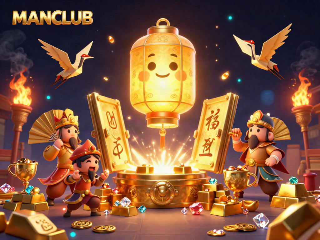MANCLUB's enchanting casino scene featuring a lantern spirit, gold treasures, and dynamic gaming elements.
