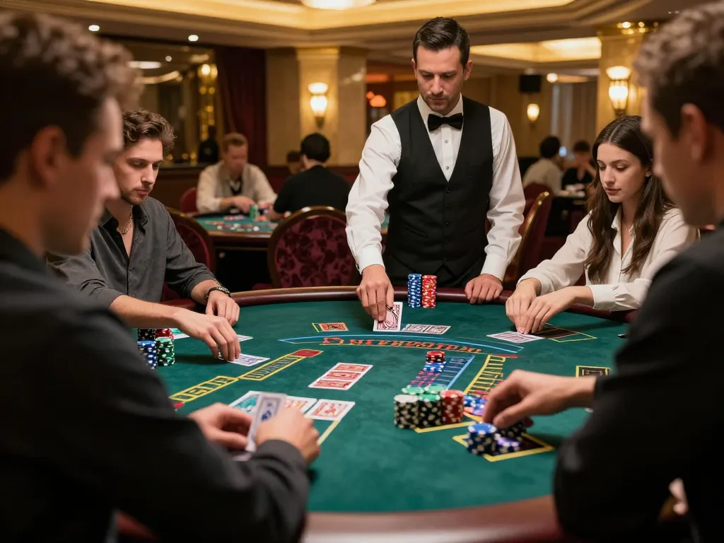 Engaged players enjoying high-stakes blackjack at a casino table while embracing VK88 gaming strategies.