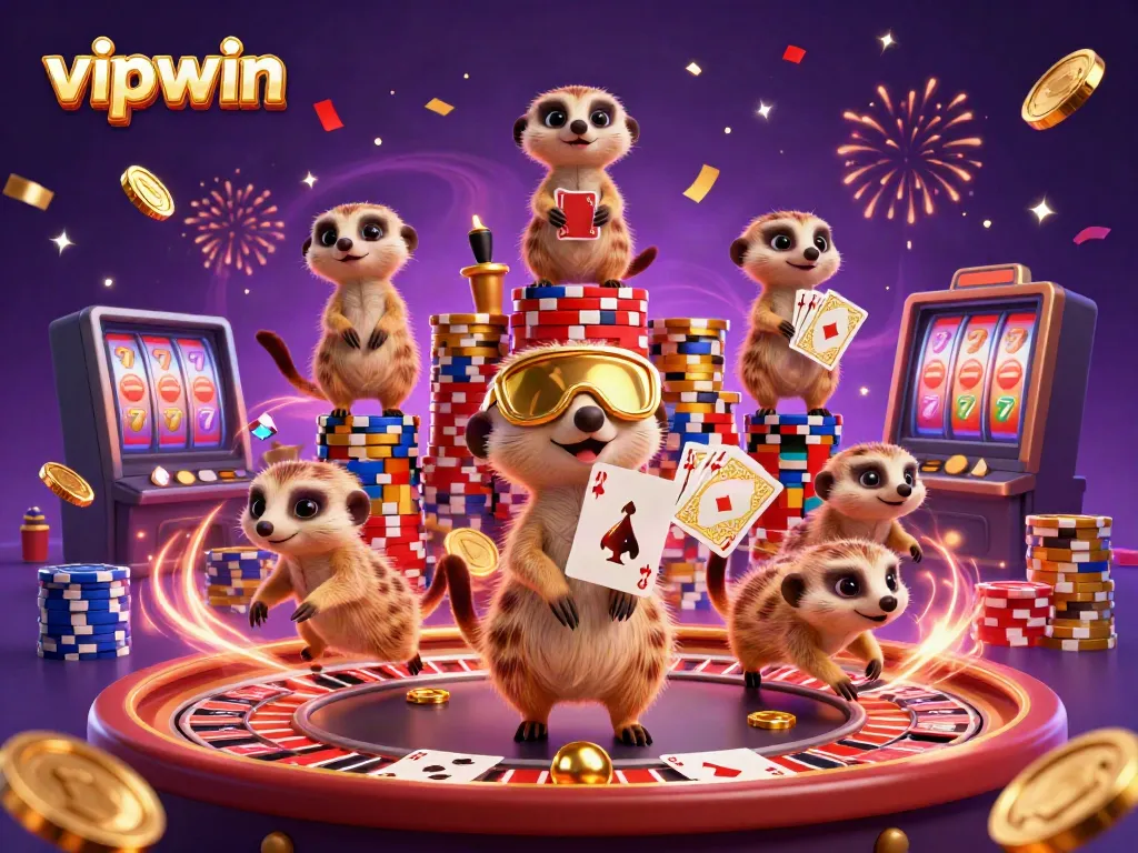 Experience the excitement of vipwin with meerkats running a lively casino, surrounded by coins and gems.