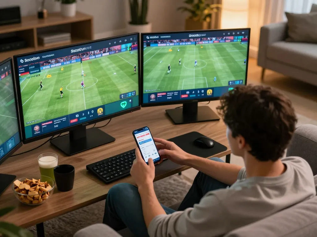 Socolive link showcased on multiple screens during an exciting home soccer gaming session.