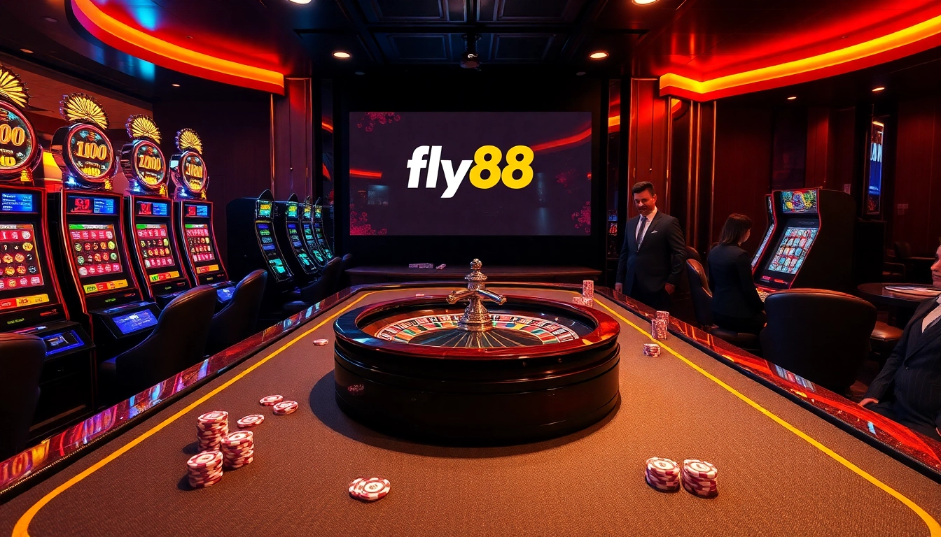 Fly88 players enjoying an exciting casino experience with vibrant slot machines and professional dealers.