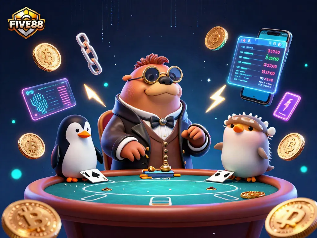 Engage in thrilling poker with FIVE88’s underwater scene featuring lively characters and digital elements.