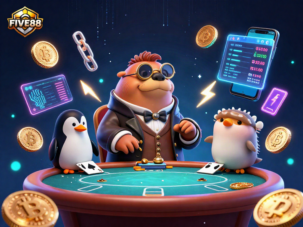 Engage in thrilling poker with FIVE88’s underwater scene featuring lively characters and digital elements.
