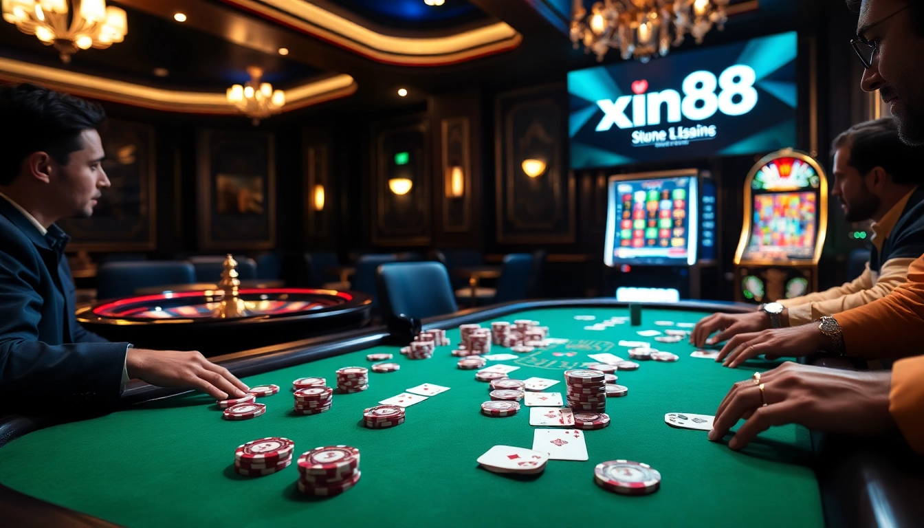 Xin88 players enjoying an exciting poker game with vibrant chips and cards at a luxury casino.